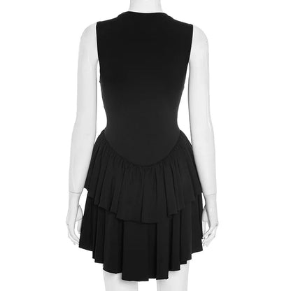 Women Mini Dress Women Elegant Sexy Solid Sleeveless Round Neck Nipped Waist Backless Evening Party Bubble Black Short Dresses