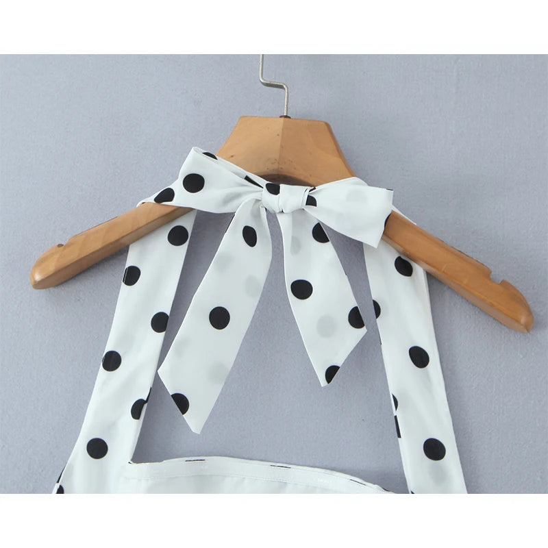 YENKYE Sexy Backless Polka Dot White Halter Ball Gown Dress Women Lace Up Back Elegant Party Dresses Summer Robe
