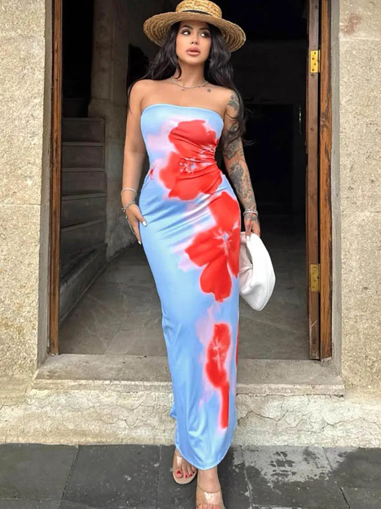 Robe longue sexy sans bretelles à imprimé tube pour femmes, épaules dénudées, dos nu, extensible, longue, robe d'été 2025, vêtements de plage Y2K
