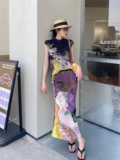 Robes pour femmes Vêtements femme Robe plissée imprimée de haute qualité Miyake Style national chinois Jupe cheongsam Jupe queue de poisson Été