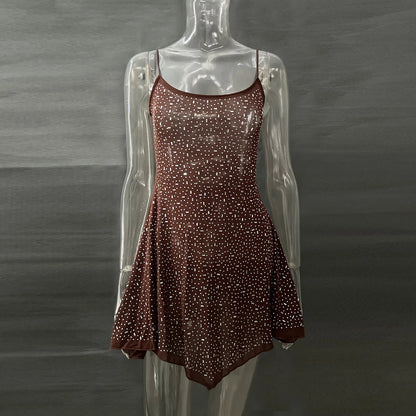 DGLUKE Spaghetti Strap Asymmetrical Mini Dress Sexy See Through Mesh Summer Dress Woman Sparkly Rhinestone Party Prom Dress