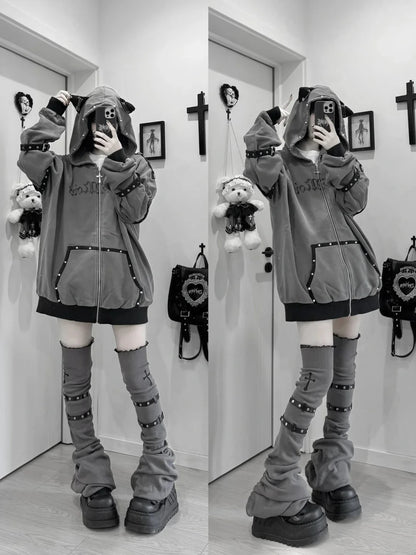 Black Cat Ear Zip Up Hoodie Japanese Subculture Women Devil Pinstripe Heart Print Oversized Metal Buckle Punk Streetwear Outfit