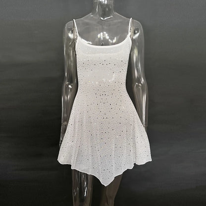 DGLUKE Spaghetti Strap Asymmetrical Mini Dress Sexy See Through Mesh Summer Dress Woman Sparkly Rhinestone Party Prom Dress