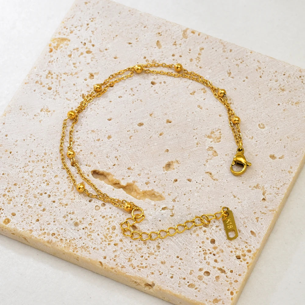 S09 Simple Korean style Double-layer round Ball Small ball Gold bead bracelet, stainless steel gold women's style