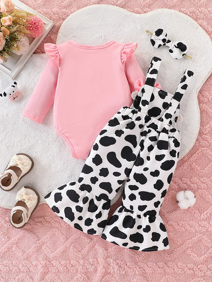 【Cute Cow】Baby Girl Overalls Set with 3D Cow Embroidery Patch + All-Over Cow Print + Flared Pants Legs - Three-Piece Outfit for Spring and Autumn Outings
