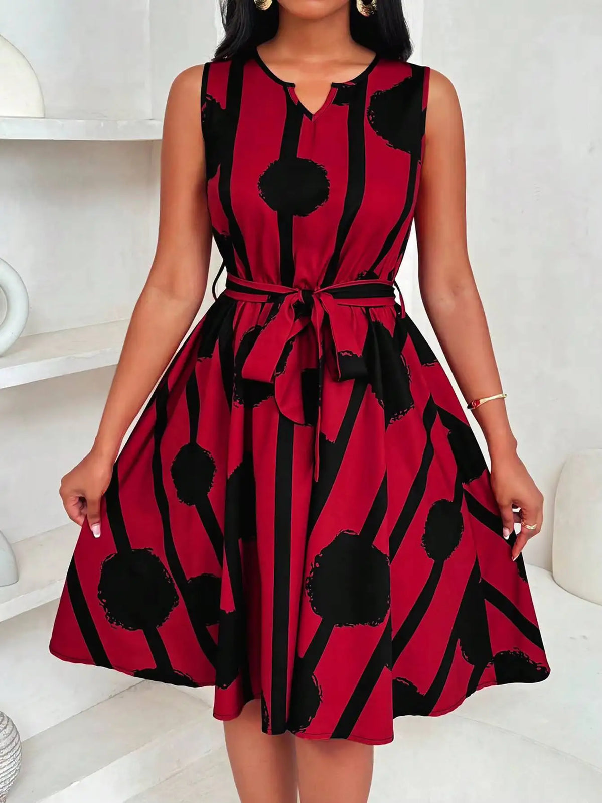 Mini Dress Spring Summer Women Red Black Brush Print Sleeveless Notch Neck Self Tie A-Line Casual Daily Dress