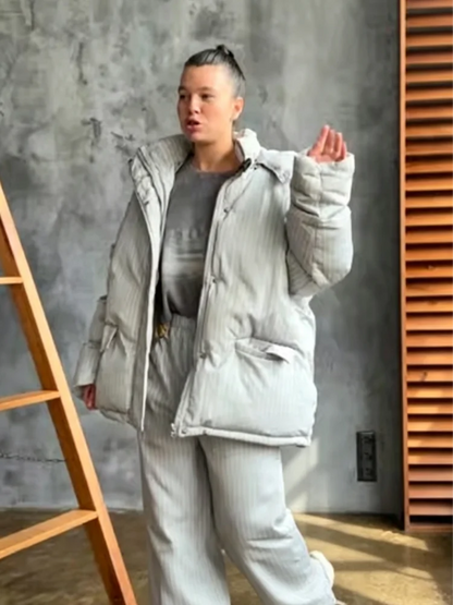 Women Winter Matching Set Multi Color Options Vertical Stripe Hooded Cropped Puffer Jacket Baggy Wide Leg Pants Warm Outfit Sets