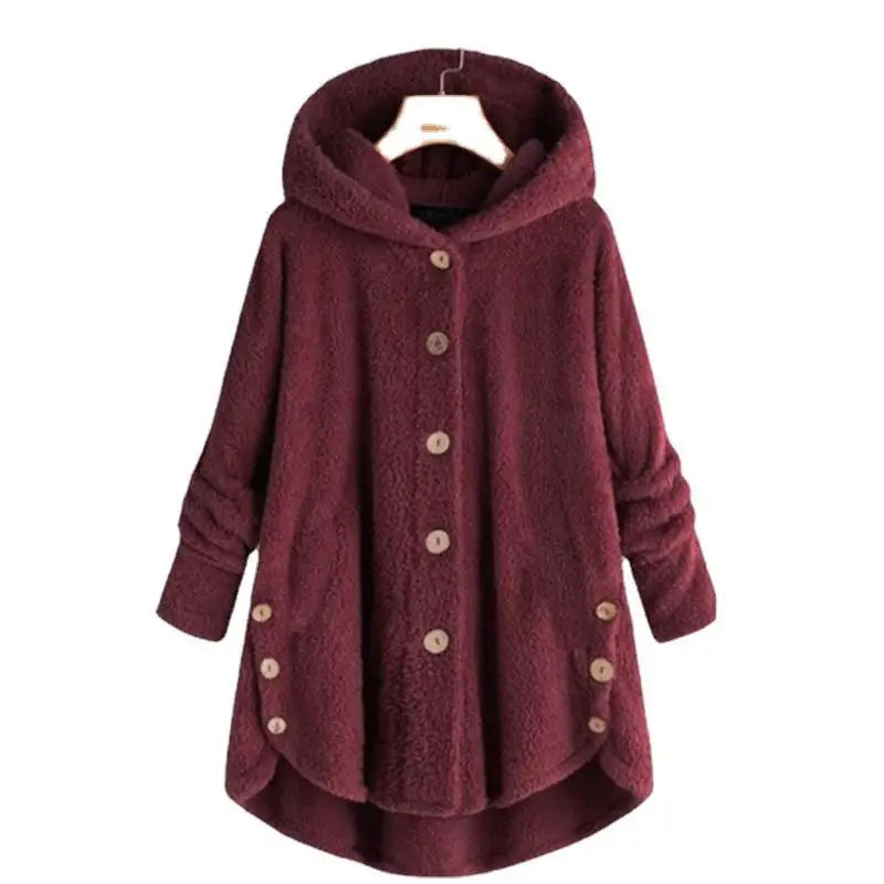 New Fashion Autumn Winter Women's Solid Button Coats Ladies Warm Teddy Bear Loose Outwear Female Plush Coat Hooded Plush Jackets