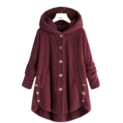 New Fashion Autumn Winter Women's Solid Button Coats Ladies Warm Teddy Bear Loose Outwear Female Plush Coat Hooded Plush Jackets