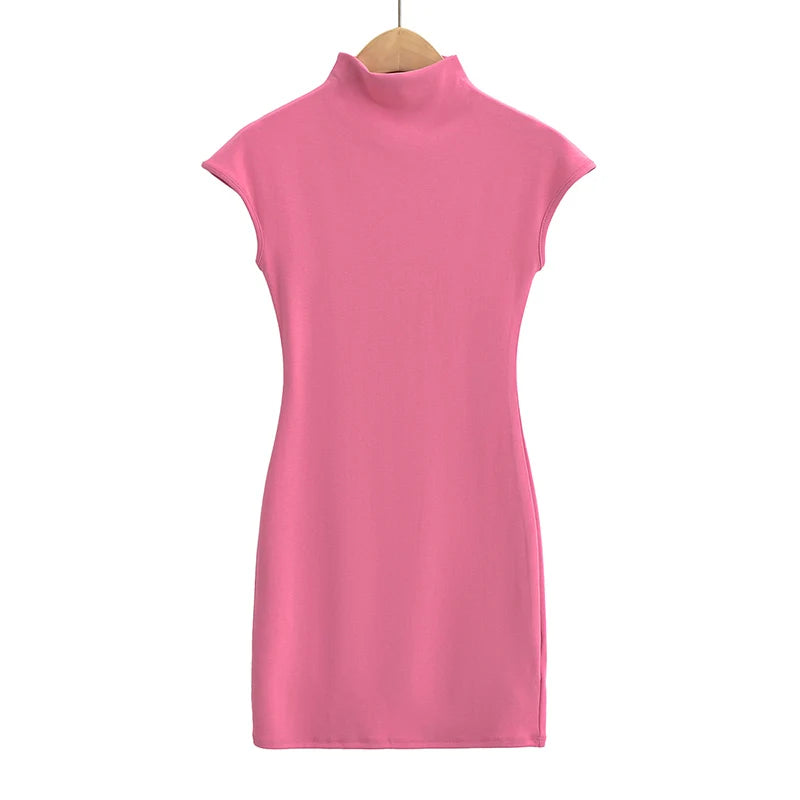 Mini dresses for women 2024 Summer knitted dress sexy vintage clothes black dresses short sleeve turtleneck pink dress bodycon