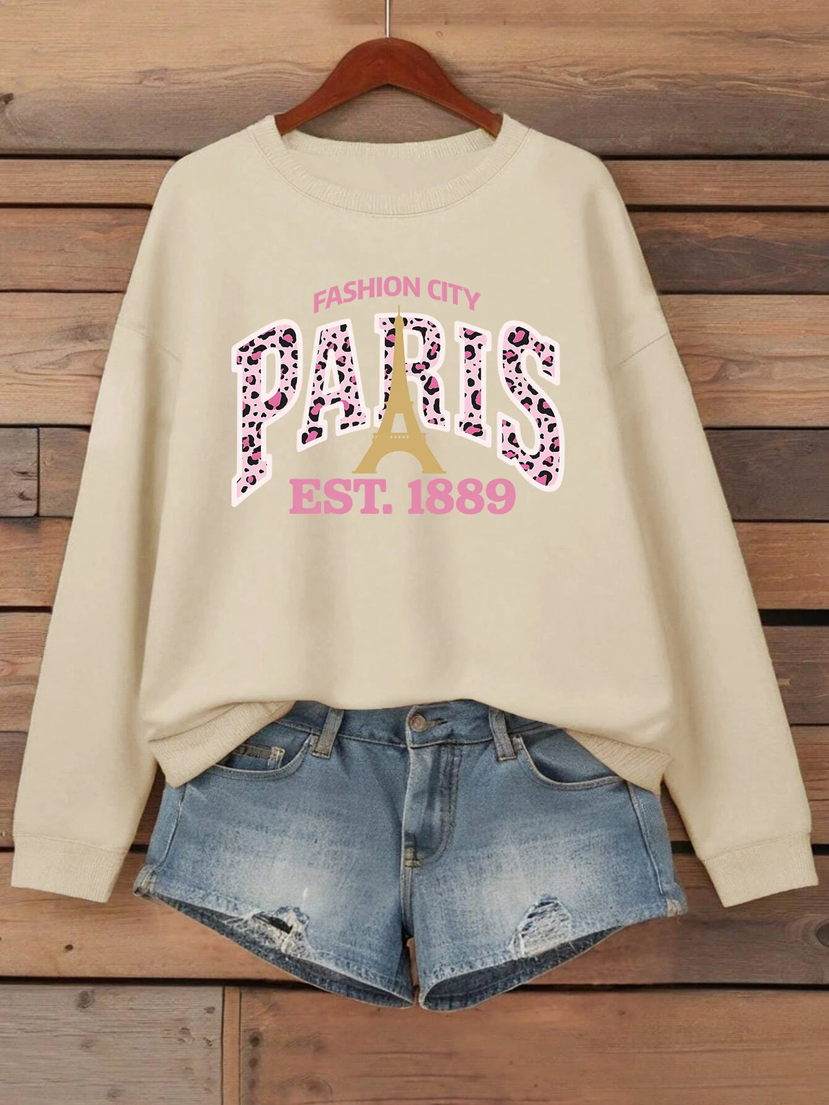 Pull Femme Imprimé Léopard Rose Paris 1889 Col Rond Sweat-shirt Décontracté Ample Vêtement Polaire Hip Hop Sportswear