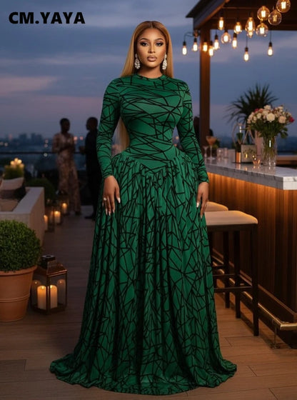 CM.YAYA Robe longue maxi imprimée à manches longues et col rond pour femme 2026, pour soirée, anniversaire, vacances, fête sexy, club, Vestidos