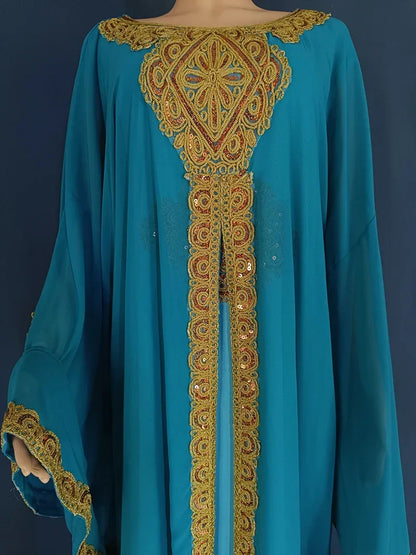 Party Dresses for Women Abaya Muslim Caftan 2 Piece Set Eid Flare Sleeves Robe Embroidered Gold Lace Dress Suit Jalabiya Ramadan