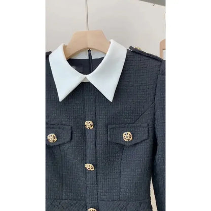 French High end Black Dress Autumn New Korean Fashion Commuter Polo Neck Long Sleeve Slimming A-line Mini Dresses for Women