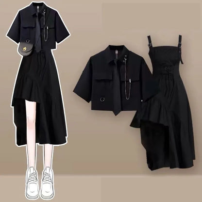 2026 Women's Summer New In Fashion Irregular Dress Matching Set Korean Elegant Short Sleeve Shirt+Strap Skirt Two Piece Suit