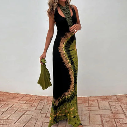 Summer Women Sleeveless Holiday Maxi Dress, Hollow Sexy Patchwork Party Dress, 2025 Printed Fashion Simple Ladies Dress Vestidos