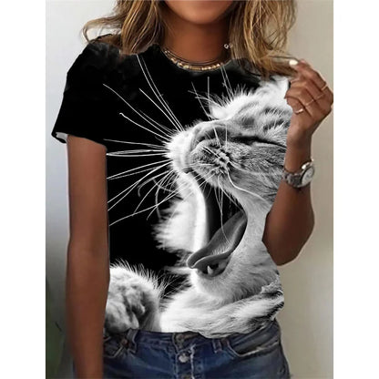 Funny Cat Pattern T-Shirt For Women Cute Pet Animal 3D Printed T Shirts Summer Fashion Tees Short Sleeves O-Neck Tops Streetwear