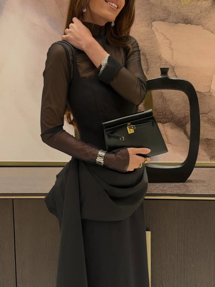 Robe longue chic et moderne avec panneaux transparents, pour femmes, style vintage, élégante et tendance, pour soirée ou tenue de printemps