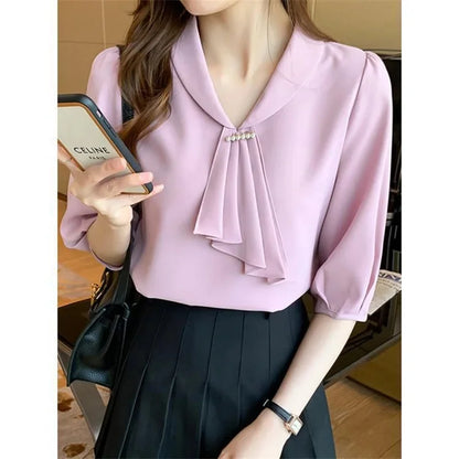 Blouses chemises d'été pour femmes, élégantes, style bureau, OL, manches courtes, col lavallière, couleur rose
