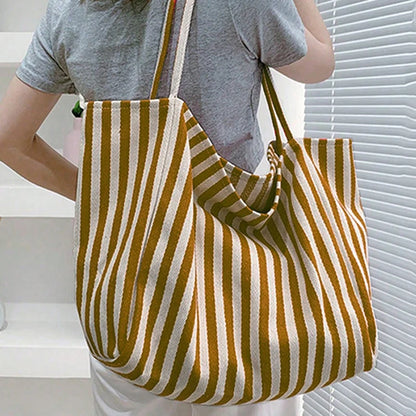 Striped Design Shoulder Bag Large Capacity Canvas Tote Bag
