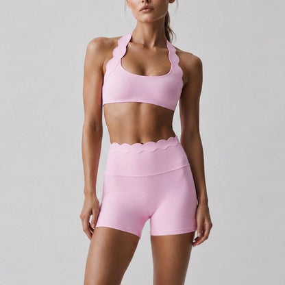 Women 2 Piece Yoga Set Contrast Scalloped Trim Halter Sports Bra Criss‑Cross Back High Waist Leggings Workout Clothes Gym Set