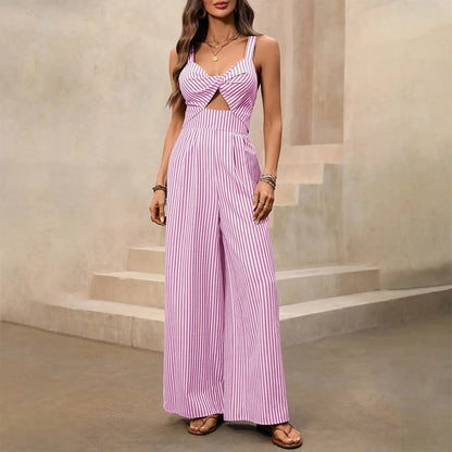 2026 new women's jumpsuit with elegant striped suspender comfortable hollow out fashionabl ev-neck sweet and versatile jumpsuit
