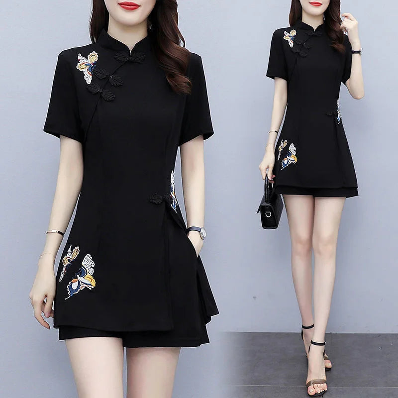 Ensemble deux pièces style chinois pour femmes, haut court et short, nouvelle collection été 2025, tenues cheongsam rétro assorties pour femmes