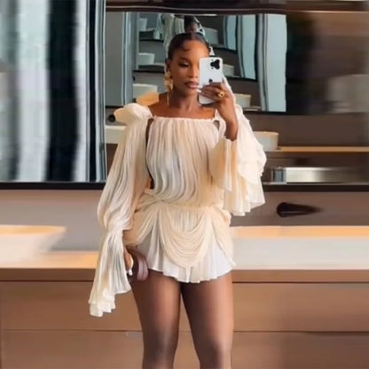 Mini-robe plissée en satin à épaules dénudées pour femmes, manches bouffantes, taille cintrée, jupe de soirée, NOUVEAUTÉ Été 2026