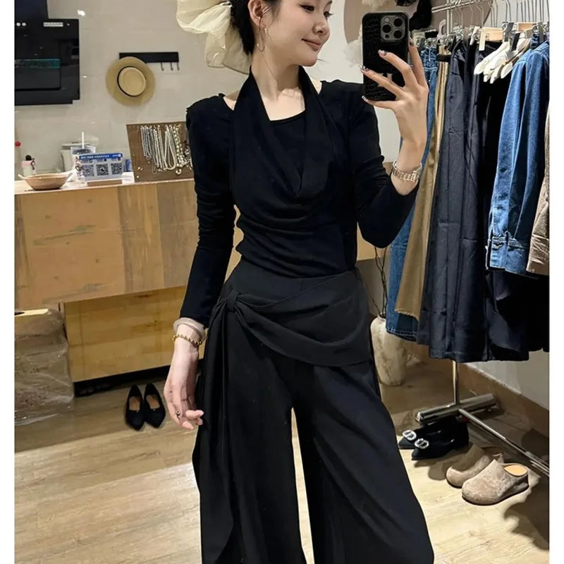 Women's 2-Piece Set: Wrap-Front Long-Sleeve Top Wide-Leg Pants