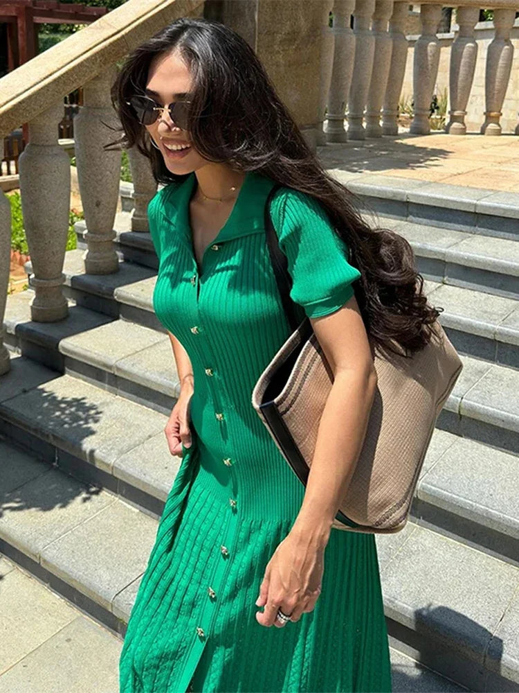 Elegant Solid Knitted Long Dress For Women Fashion O Neck Short Sleeve Single Breasted Female Robes 2024 Autumn New Lady Dresses