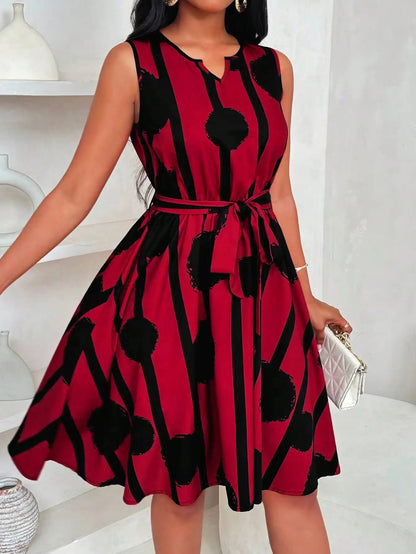 Mini Dress Spring Summer Women Red Black Brush Print Sleeveless Notch Neck Self Tie A-Line Casual Daily Dress