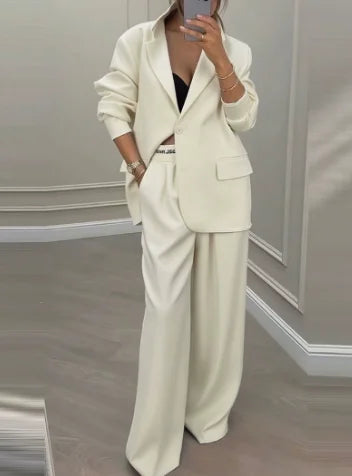 Two Piece Set Women Outfit 2025 Spring Autumn New Grey Commuting Notched Collar Long Sleeve Blazer & High Waist Pants Set