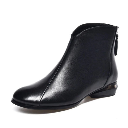 Bottes courtes en cuir pour femmes à semelle souple, bottines à talon bas en peluche chaude pour l'automne et l'hiver 2023