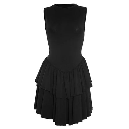 Women Mini Dress Women Elegant Sexy Solid Sleeveless Round Neck Nipped Waist Backless Evening Party Bubble Black Short Dresses