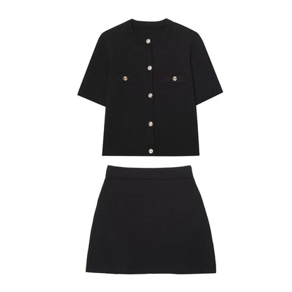 HH Women's Elegant Suit Round Collar Single-Breasted With Short Sleeve Pocket Knitted Top+Elastic Waist Mini Skirt Set