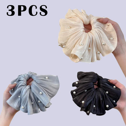 High-End Super Fairy Imitation Pearl Mesh Headband with Pleated Texture Floral Hair Rope Ponytail Accessory