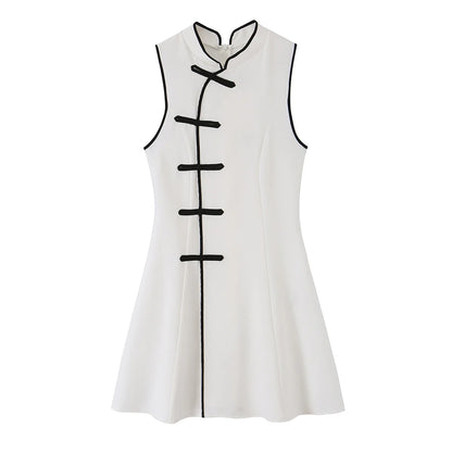 Women's Mini Dress Summer New Fashion Round Neck Sleeveless Rope Knot Contrast Dress Vintage Female Chic Dresses