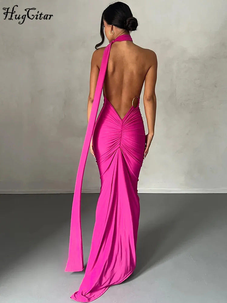Hugcitar One Shoulder Backless Adjustable Scarf Loop Ruched Sexy Maxi Dress 2025 Women Elegant Y2K Streetwear Festival Outfit