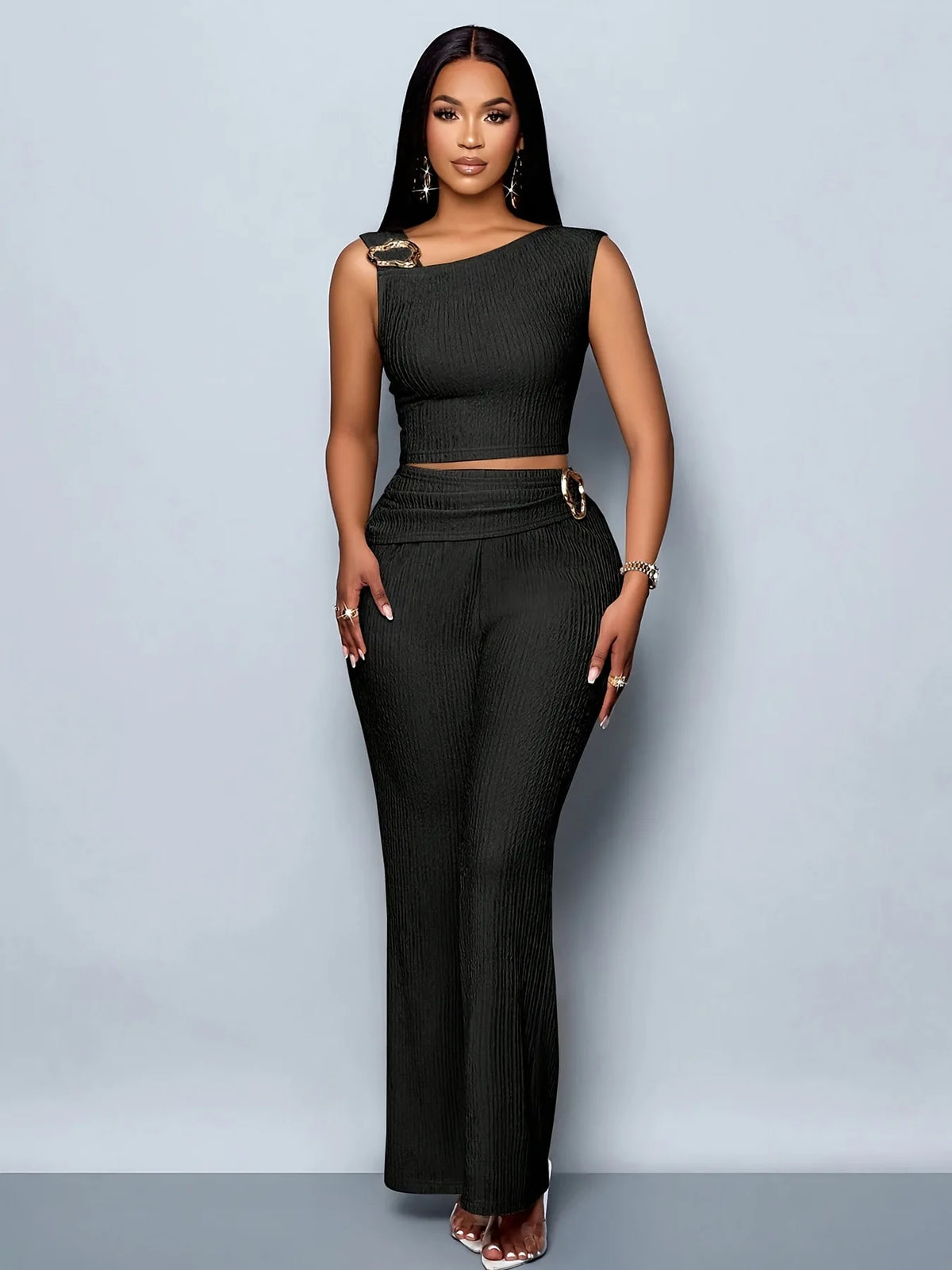 Women's 2-Piece Casual Set: Stylish Sleeveless Cropped Top with Metal Buckle Detail and Long, Loose Wide-Leg Pants