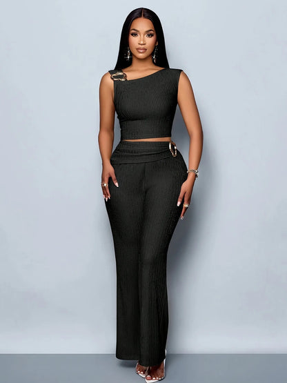 Women's 2-Piece Casual Set: Stylish Sleeveless Cropped Top with Metal Buckle Detail and Long, Loose Wide-Leg Pants