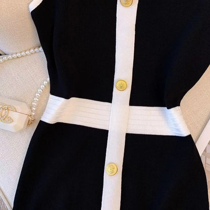 Short Mini Knitted Dress Women Summer Casual Metal Single Breasted Slim Dresses High Waist Elegant O-neck Dress Sleeveless