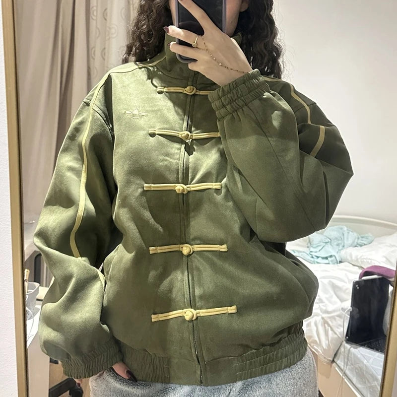 Combhasaki Women's Chinese Frog Button-down Jacket Y2k Vintage Zip Up Sweatshirt Funnel Neck Bomber Jacket Preppy Streetwear