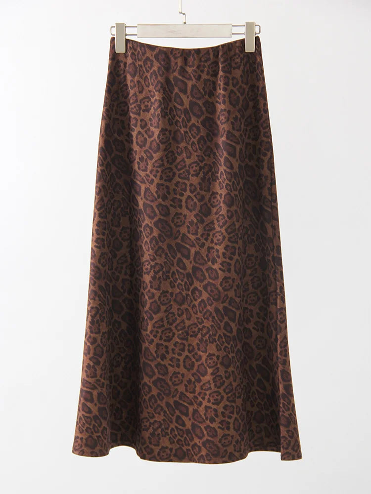 Jupe longue en daim imprimé léopard pour femme - Jupe longue trapèze marron vintage pour femme - Jupes longues en daim chaudes léopard pour l'hiver