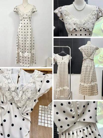 Absobe French Lace Patchwork Satin Polka Dot A-Line Maxi Dress For Women Elegant Backless Long Gown Chic Birthday Party Outfit