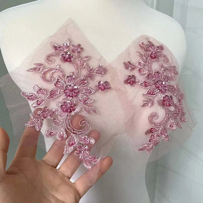 2PCS/Pair,3d Flower Wtih beaded sequined Bodice Applique sewing supplies,Lace Emboridery Sew On Patches For Dresses,Clothing