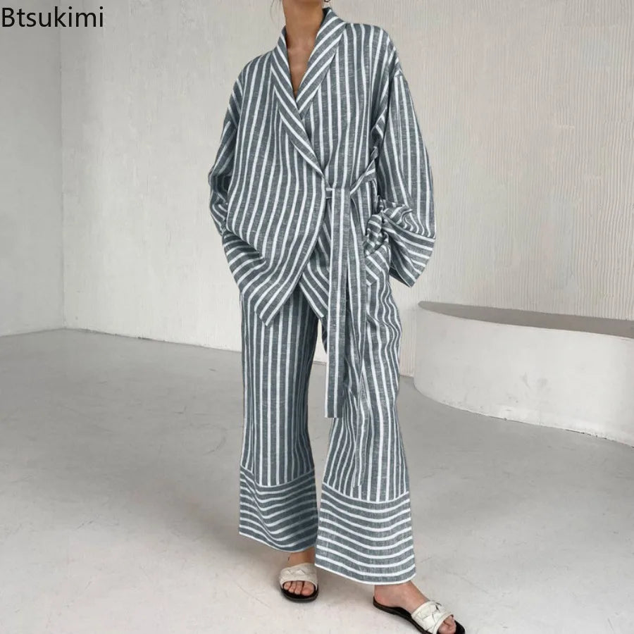 Women's Two-piece Set  Autumn New Striped Long-sleeved Loose Lace-up Top High-waisted Trousers Fashion Casual Suit for Women