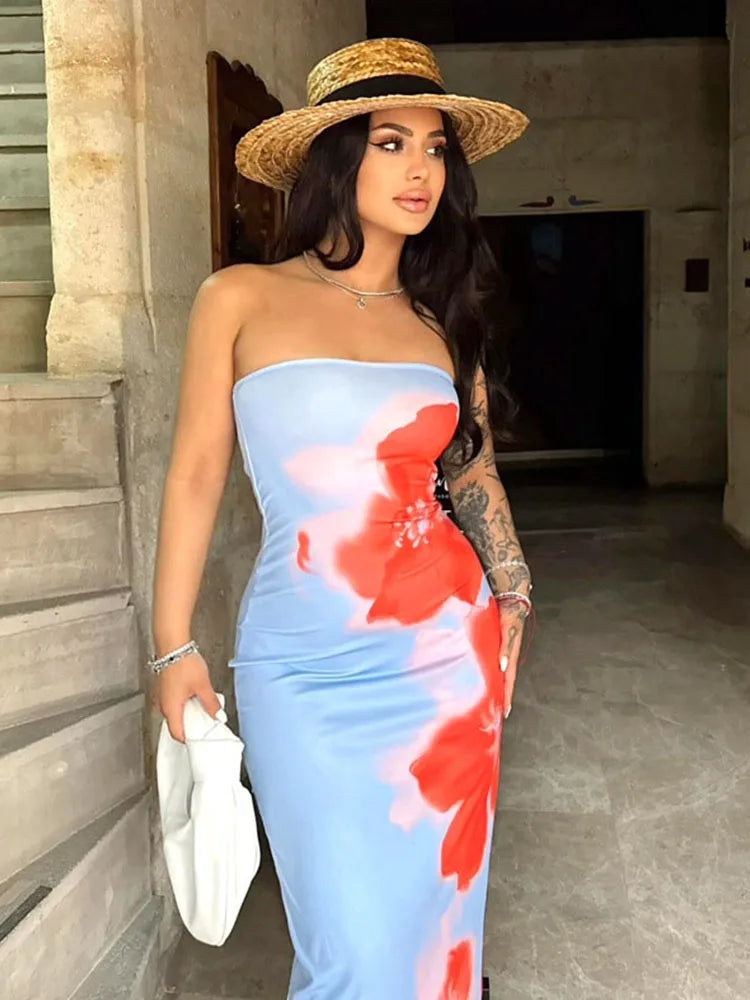 Robe longue sexy sans bretelles à imprimé tube pour femmes, épaules dénudées, dos nu, extensible, longue, robe d'été 2025, vêtements de plage Y2K
