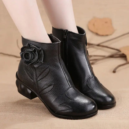 Red Leather Ankle Boots Woman Autumn Low Heel Fur Bootie Ladies Vintage Handmade  Hollow Shoes fashion floral Mujer Booties﻿