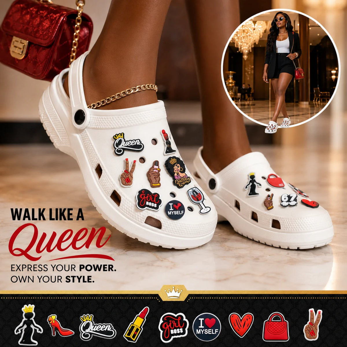 1/25PCS Cool Queen-Style Shoe Charms for Women, Crown  Heart Shaped High-Heel Charms for Shoes, Lipstick Sandals Clogs  Buckles