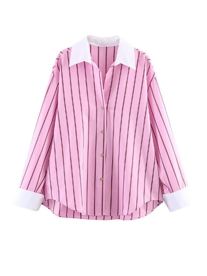 HH 2026 Female Fashion Versatile Blouse Top Women Spring Pink Striped Lapel Long Sleeve Single Breasted Decoration Casual Shirt